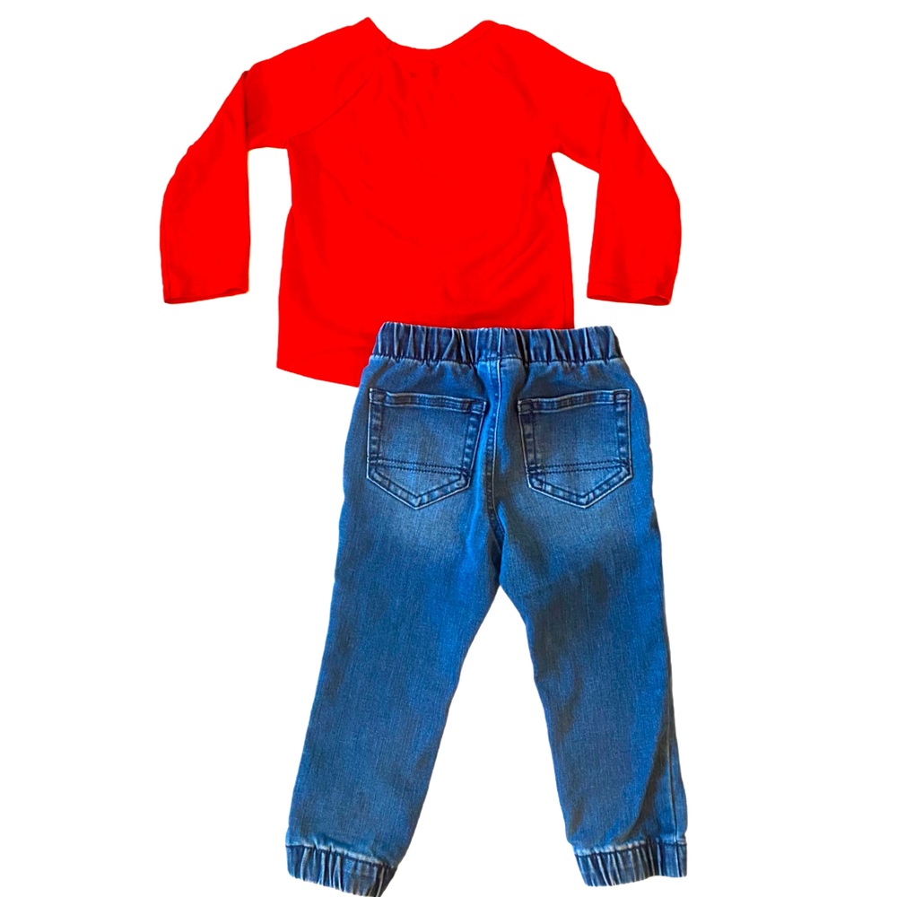 Set of Blue Denim Jogger Pants & Red Long Sleeve Tee Size 2T - Picture 3 of 4